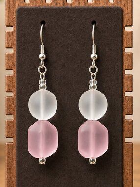 White & Pink Sea Glass Drop Earrings | Handmade